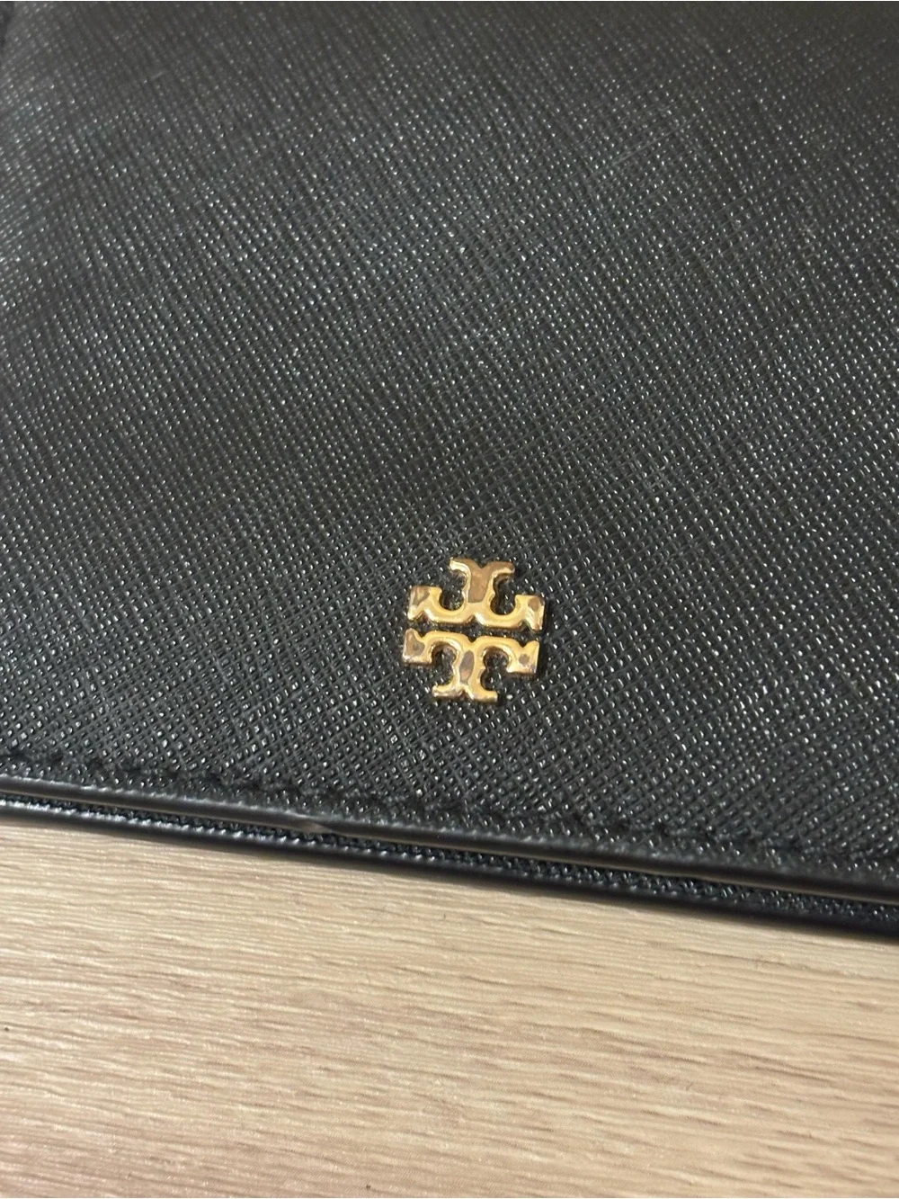 Tory Burch Black Leather Bi-Fold Card Holder with Gold Logo